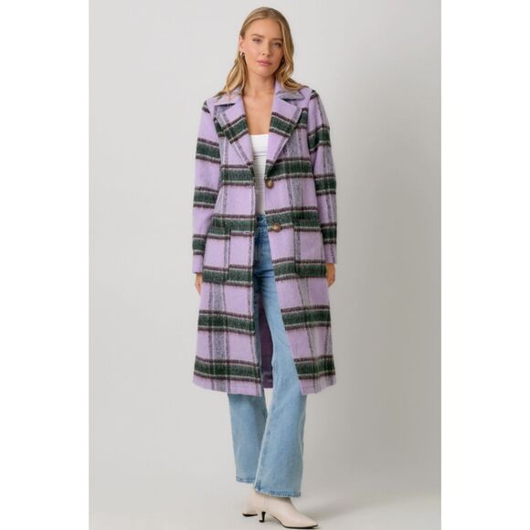 Fuzzy Plaid Long Coat Lavender Button Up Knee Length Pockets Lightweight Warm - Picture 1 of 5